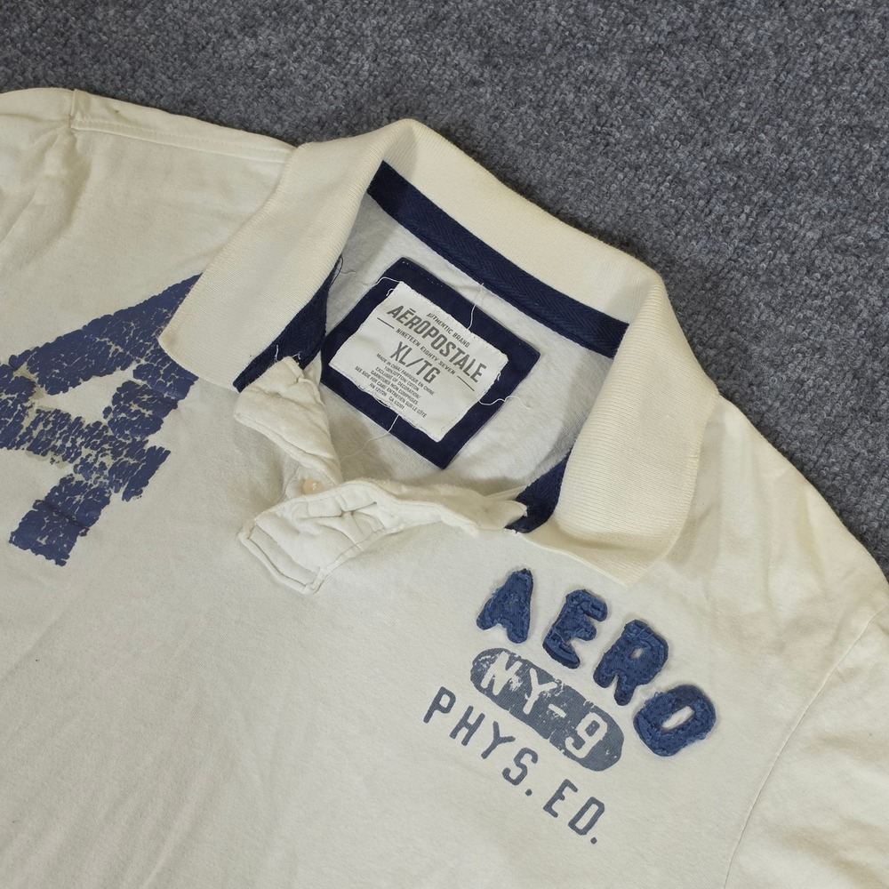 Y2K 2000s Aeropostale Mens XL Cream Short Sleeve Phys Ed Graphic Polo Shirt - Picture 1 of 7